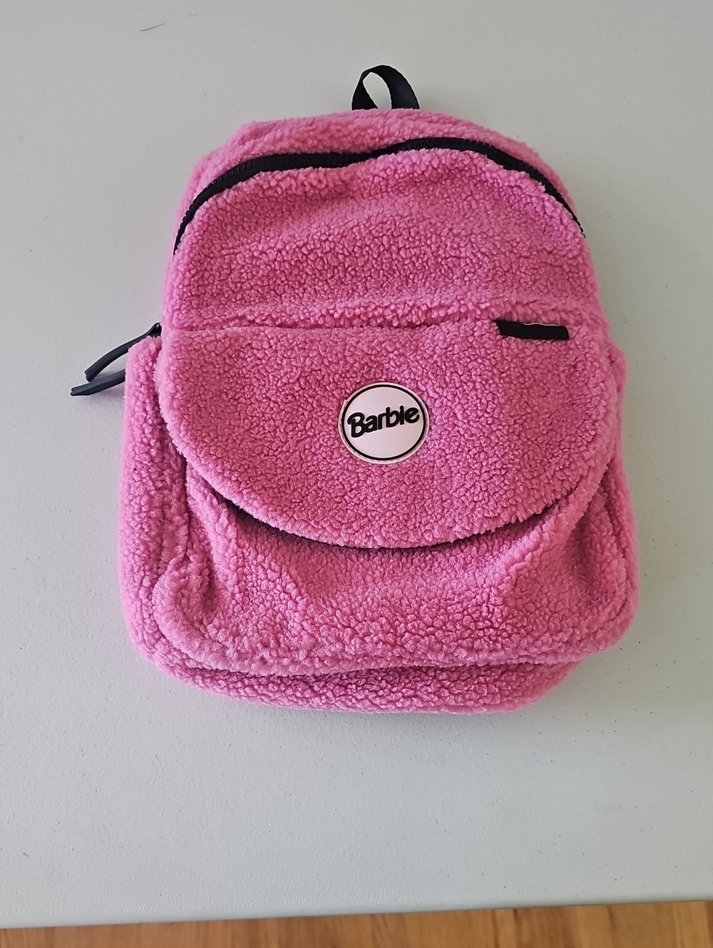 Barbie Pink Sherpa Plush Kids Backpack with Logo Patch